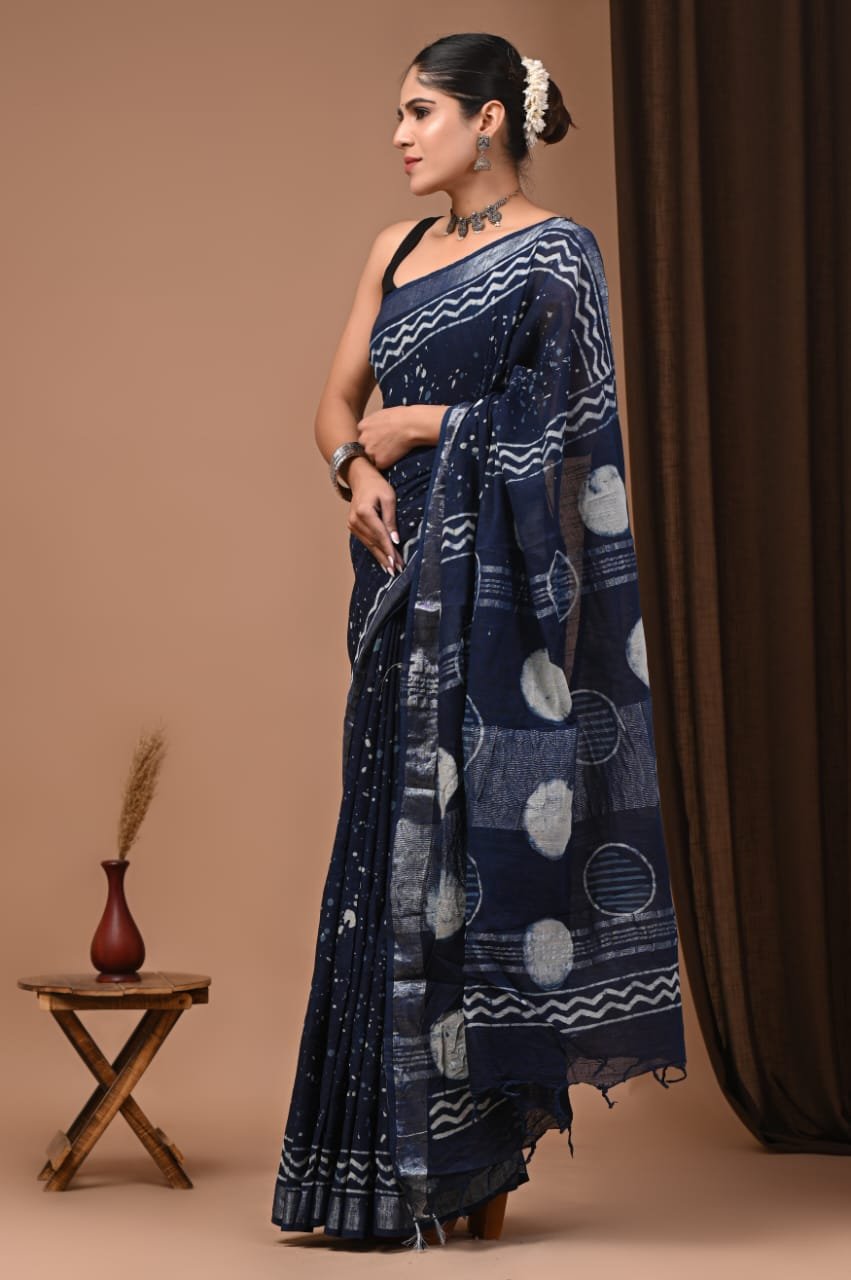 Hand Block Printed Linen Saree with Blouse